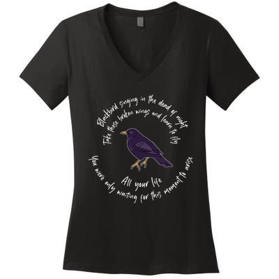 Blackbird Singing Bird Wings Microphone Singer Lyrics Artist Women's V-Neck T-Shirt