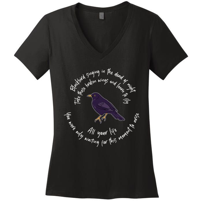 Blackbird Singing Bird Wings Microphone Singer Lyrics Artist Women's V-Neck T-Shirt