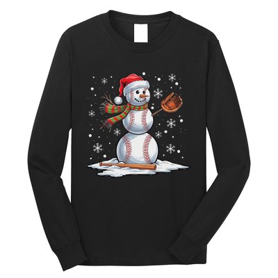 Baseball Snowman Baseball Player Santa Hat Christmas Funny Long Sleeve Shirt