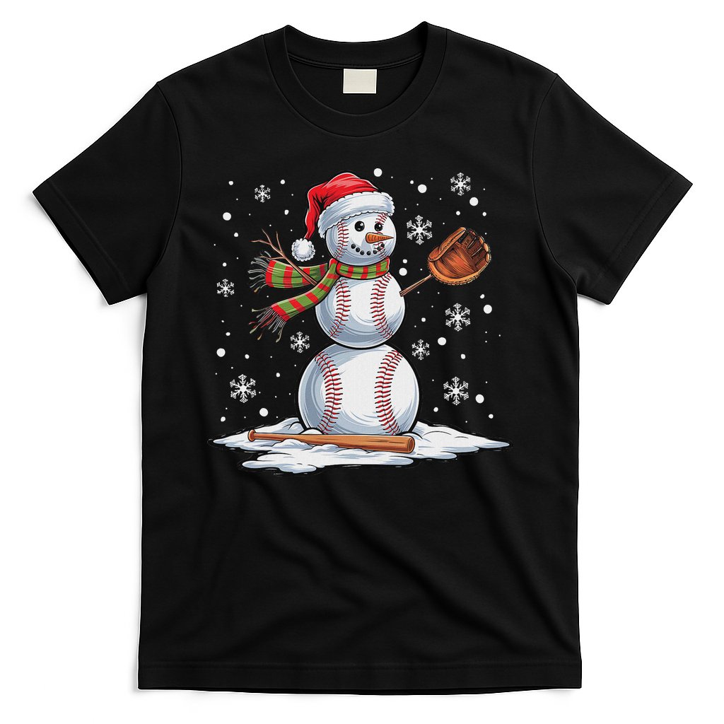Baseball Snowman Baseball Player Santa Hat Christmas Funny T-Shirt