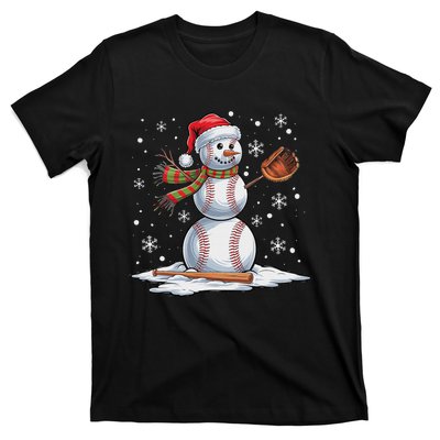 Baseball Snowman Baseball Player Santa Hat Christmas Funny T-Shirt