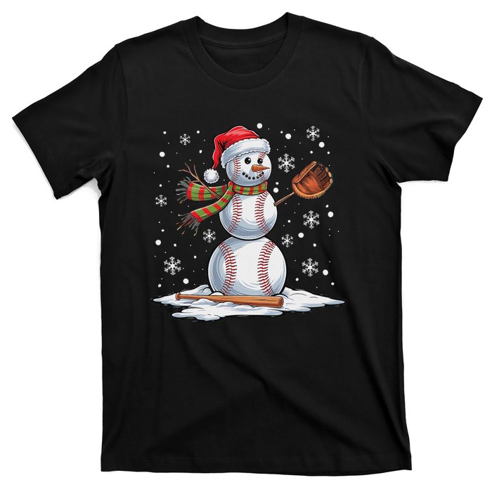 Baseball Snowman Baseball Player Santa Hat Christmas Funny T-Shirt