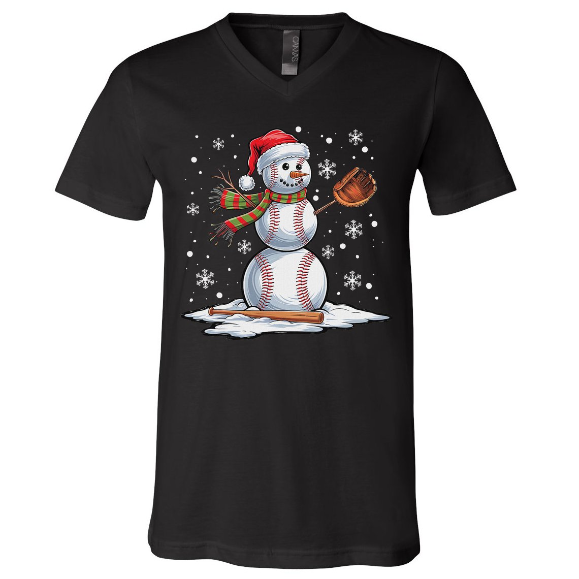 Baseball Snowman Baseball Player Santa Hat Christmas Funny V-Neck T-Shirt