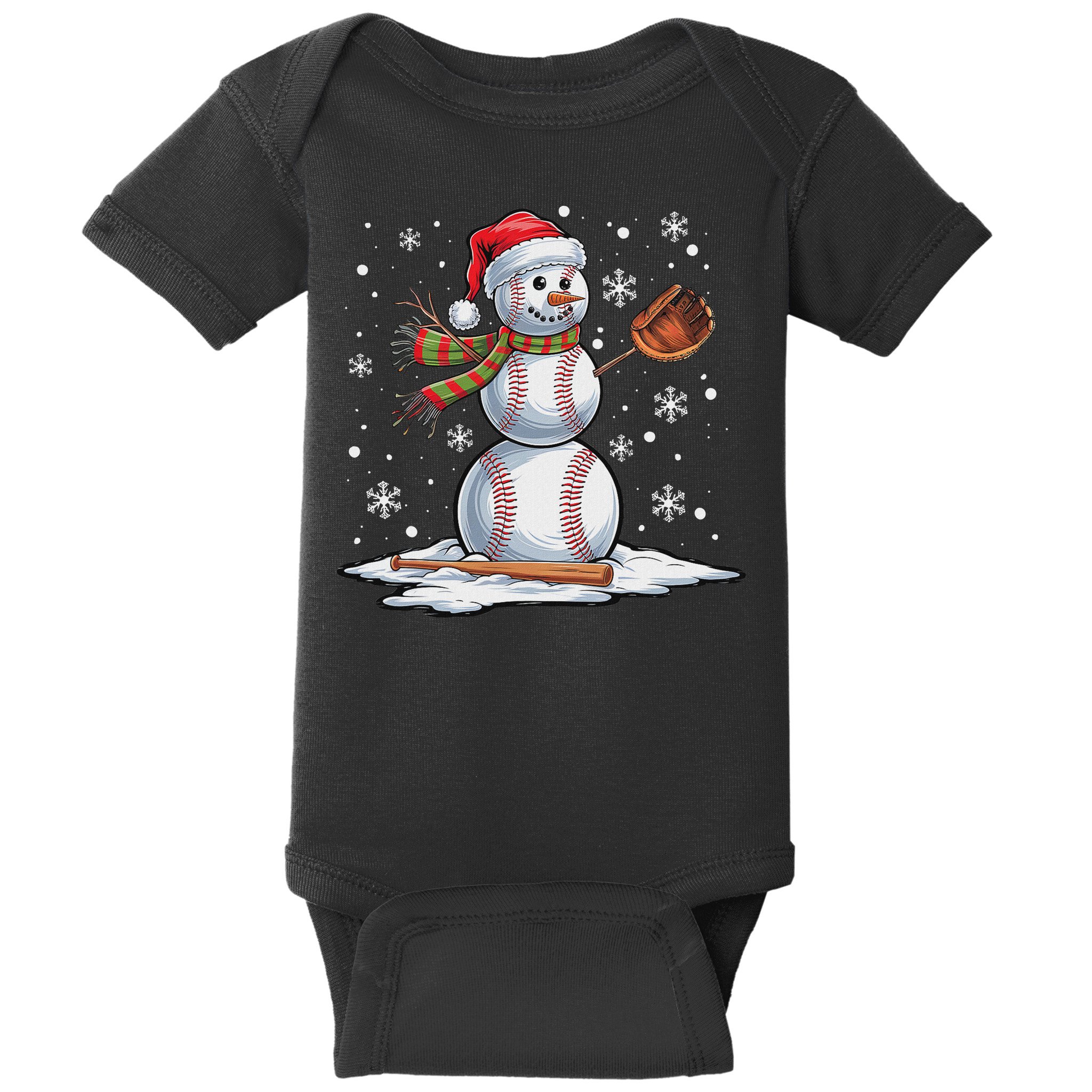 Baseball Snowman Baseball Player Santa Hat Christmas Funny Baby Bodysuit