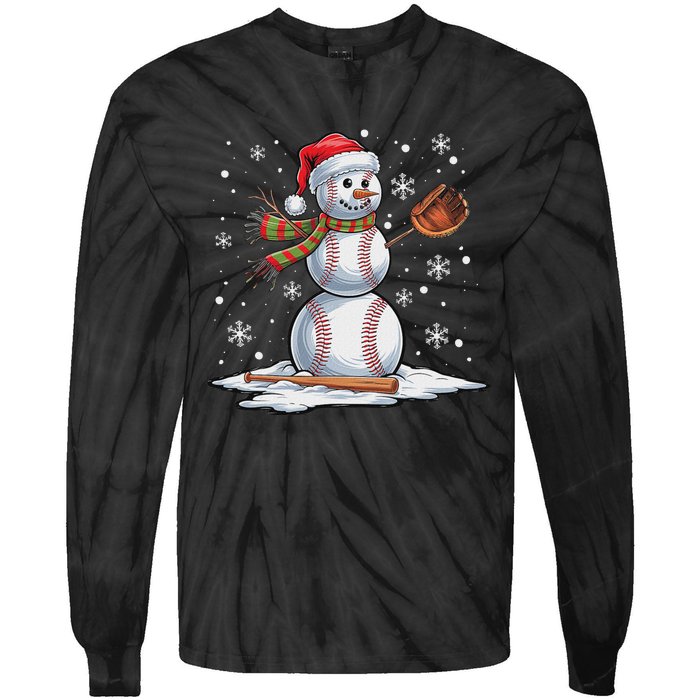 Baseball Snowman Baseball Player Santa Hat Christmas Funny Tie-Dye Long Sleeve Shirt