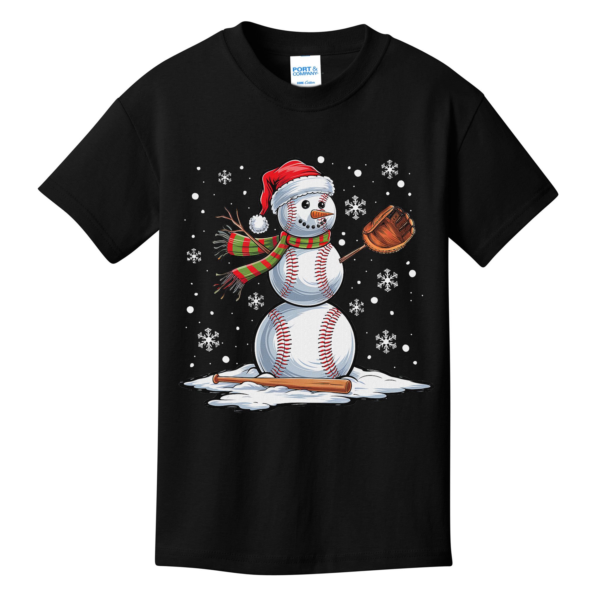 Baseball Snowman Baseball Player Santa Hat Christmas Funny Kids T-Shirt