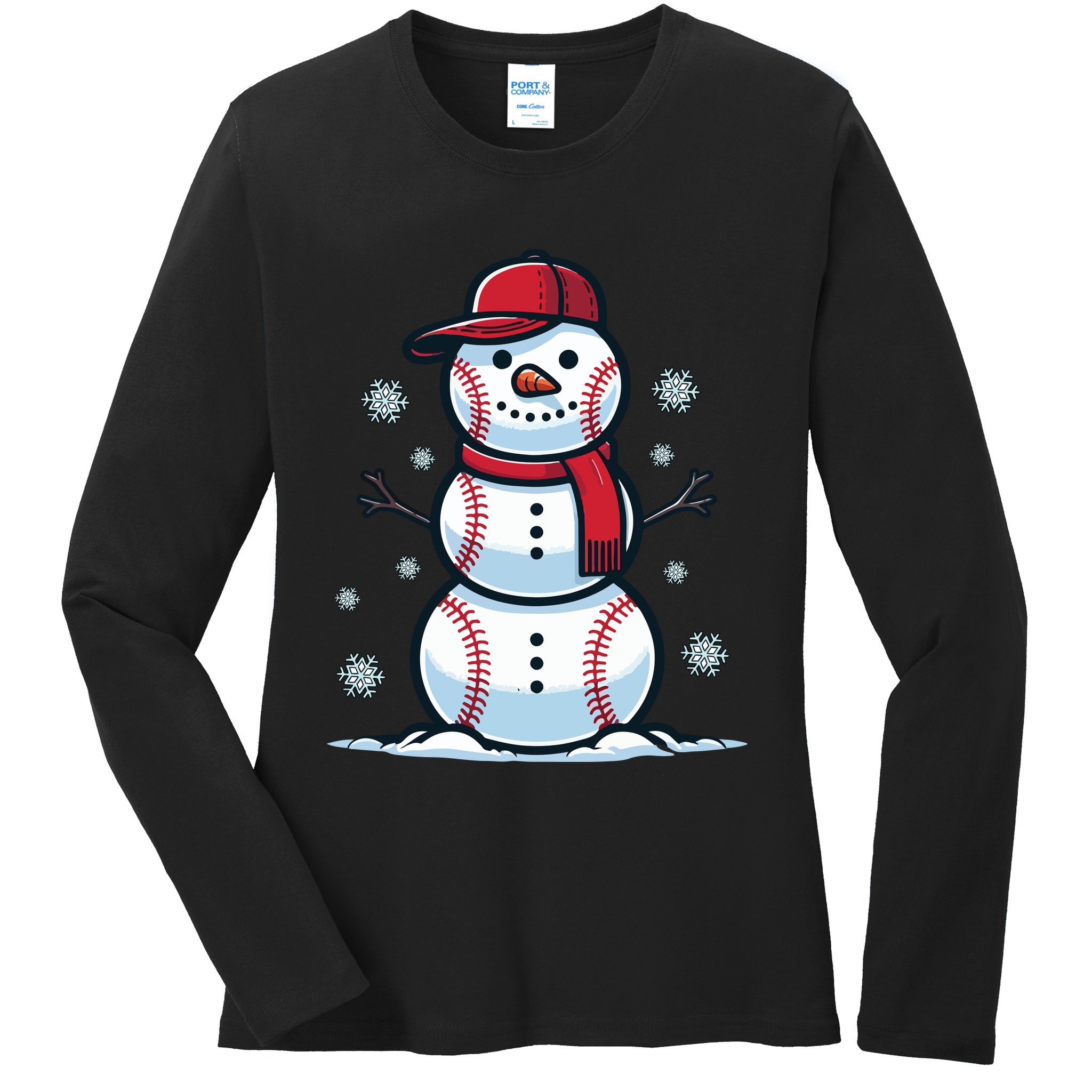 Baseball Snowman Ladies Long Sleeve Shirt