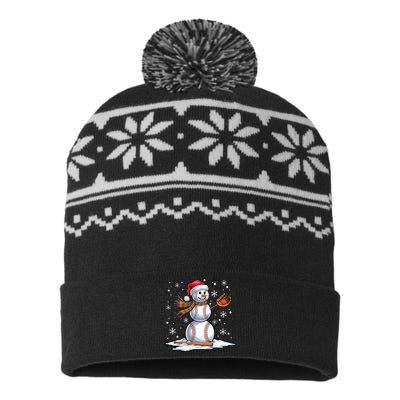 Baseball Snowman Baseball Player Santa Hat Christmas Funny USA-Made Snowflake Beanie