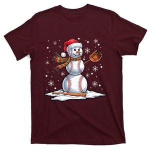 Baseball Snowman Baseball Player Santa Hat Christmas Funny T-Shirt