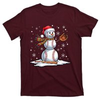 Baseball Snowman Baseball Player Santa Hat Christmas Funny T-Shirt