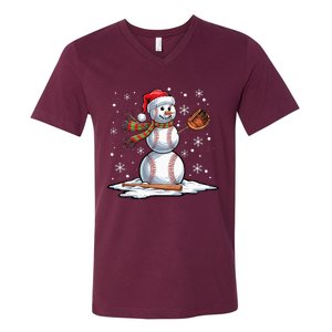 Baseball Snowman Baseball Player Santa Hat Christmas Funny V-Neck T-Shirt