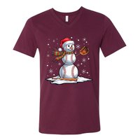 Baseball Snowman Baseball Player Santa Hat Christmas Funny V-Neck T-Shirt