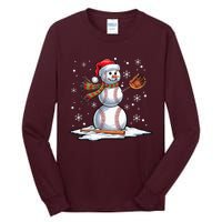 Baseball Snowman Baseball Player Santa Hat Christmas Funny Tall Long Sleeve T-Shirt