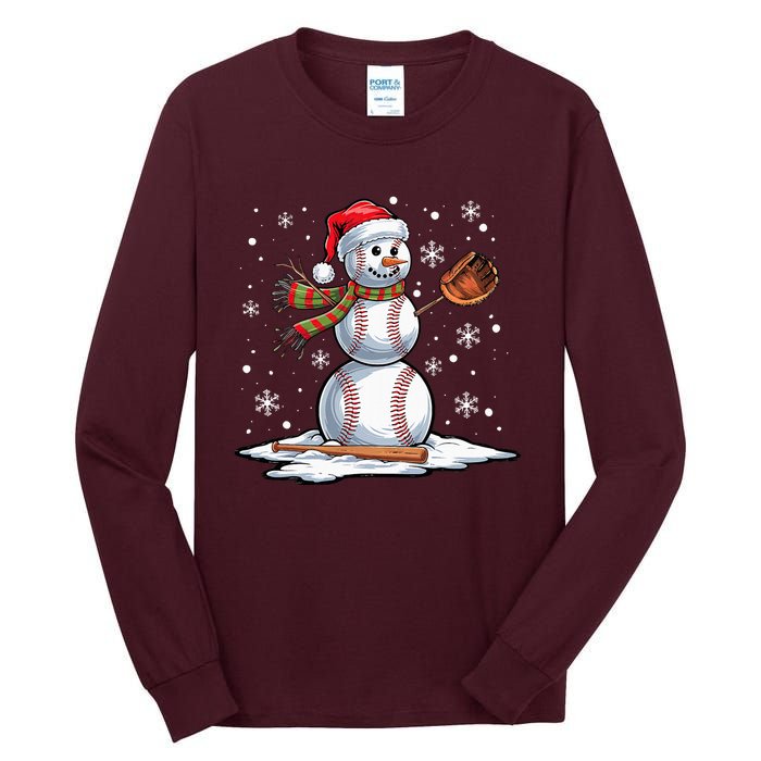 Baseball Snowman Baseball Player Santa Hat Christmas Funny Tall Long Sleeve T-Shirt