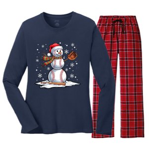 Baseball Snowman Baseball Player Santa Hat Christmas Funny Women's Long Sleeve Flannel Pajama Set 