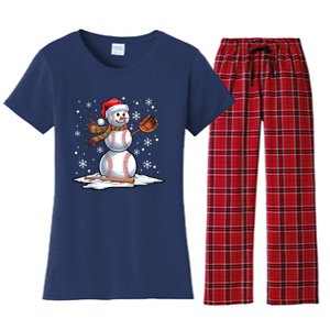 Baseball Snowman Baseball Player Santa Hat Christmas Funny Women's Flannel Pajama Set