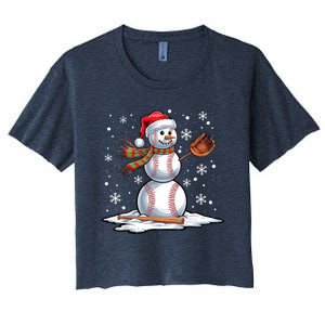 Baseball Snowman Baseball Player Santa Hat Christmas Funny Women's Crop Top Tee