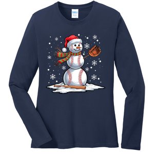 Baseball Snowman Baseball Player Santa Hat Christmas Funny Ladies Long Sleeve Shirt