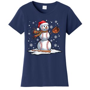 Baseball Snowman Baseball Player Santa Hat Christmas Funny Women's T-Shirt