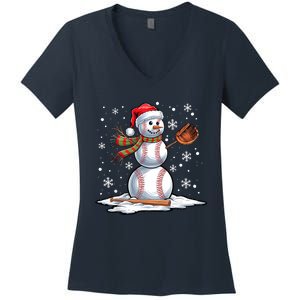 Baseball Snowman Baseball Player Santa Hat Christmas Funny Women's V-Neck T-Shirt