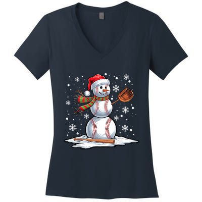 Baseball Snowman Baseball Player Santa Hat Christmas Funny Women's V-Neck T-Shirt