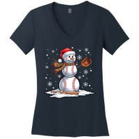 Baseball Snowman Baseball Player Santa Hat Christmas Funny Women's V-Neck T-Shirt