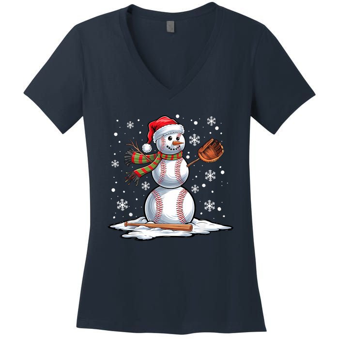 Baseball Snowman Baseball Player Santa Hat Christmas Funny Women's V-Neck T-Shirt