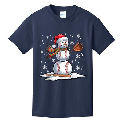 Baseball Snowman Baseball Player Santa Hat Christmas Funny Kids T-Shirt