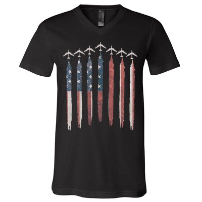 B-52 Stratofortress Bomber Airplane USA Patriotic Flag V-Neck T-Shirt