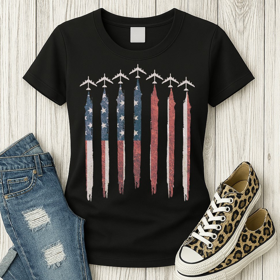 B-52 Stratofortress Bomber Airplane USA Patriotic Flag Womens T-Shirt