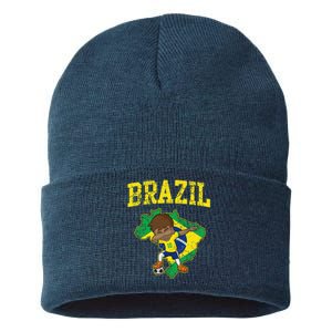 Brazil Soccer Boy Brazilian Football Dabbing Sustainable Knit Beanie