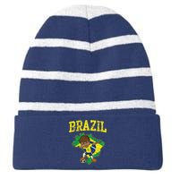 Brazil Soccer Boy Brazilian Football Dabbing Striped Beanie with Solid Band