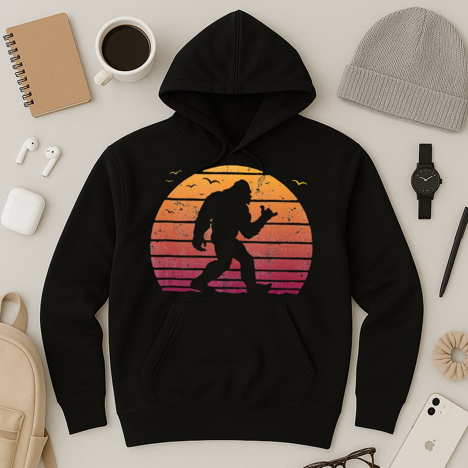 Bigfoot Surfing Beach Vacation Retro Surfboard Surf Shaka Hoodie