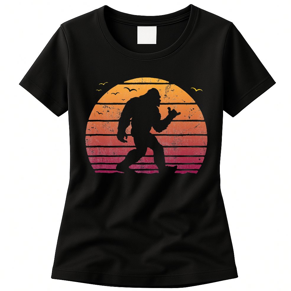 Bigfoot Surfing Beach Vacation Retro Surfboard Surf Shaka Womens T-Shirt