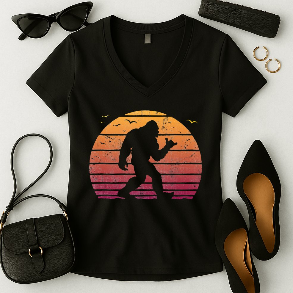 Bigfoot Surfing Beach Vacation Retro Surfboard Surf Shaka Women's V-Neck T-Shirt