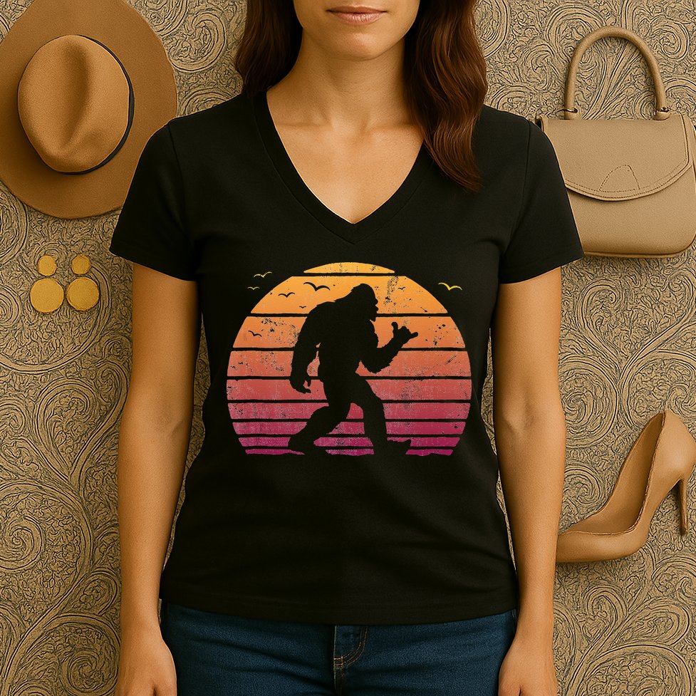Bigfoot Surfing Beach Vacation Retro Surfboard Surf Shaka Women's V-Neck T-Shirt
