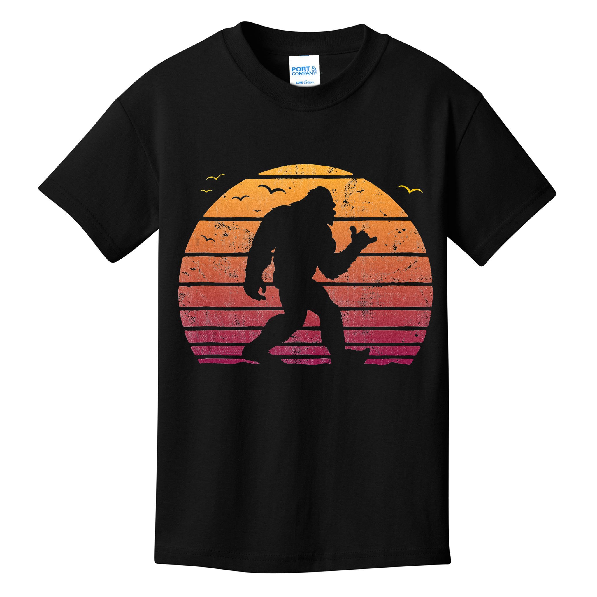 Bigfoot Surfing Beach Vacation Retro Surfboard Surf Shaka Kids T-Shirt