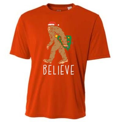 Believe Sasquatch Bigfoot Santa Hat Fun Christmas Tree Gift Cooling Performance Crew T-Shirt