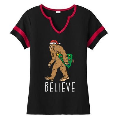 Believe Sasquatch Bigfoot Santa Hat Fun Christmas Tree Gift Ladies Halftime Notch Neck Tee