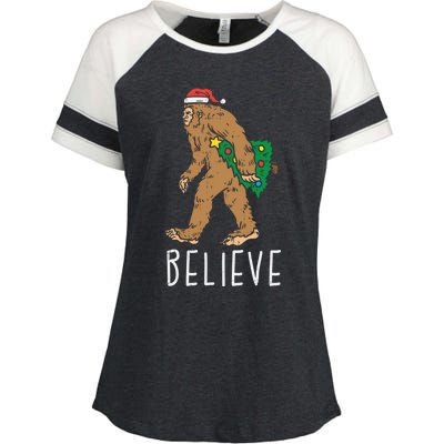 Believe Sasquatch Bigfoot Santa Hat Fun Christmas Tree Gift Enza Ladies Jersey Colorblock Tee