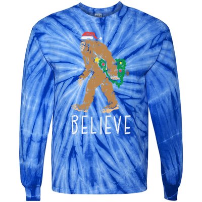 Believe Sasquatch Bigfoot Santa Hat Fun Christmas Tree Gift Tie-Dye Long Sleeve Shirt