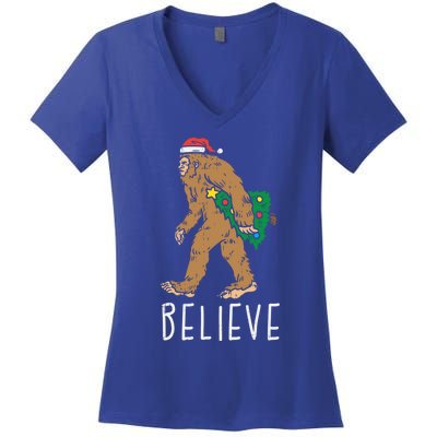 Believe Sasquatch Bigfoot Santa Hat Fun Christmas Tree Gift Women's V-Neck T-Shirt