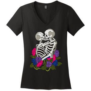 Bisexual Skeleton Bi Pride Flag Color Lgbtq Queer Women's V-Neck T-Shirt