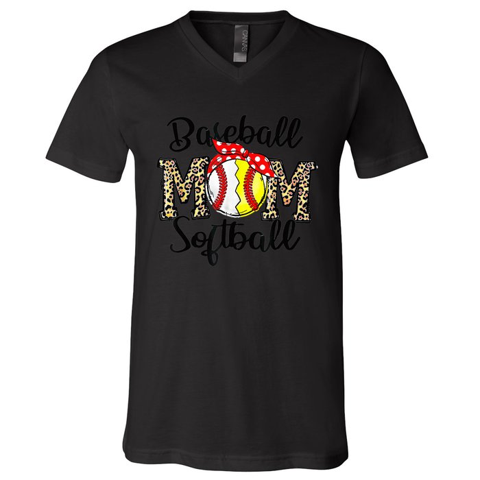 Bleached Softball Baseball Mom Leopard Tee Mothers Day Wo V-Neck T-Shirt