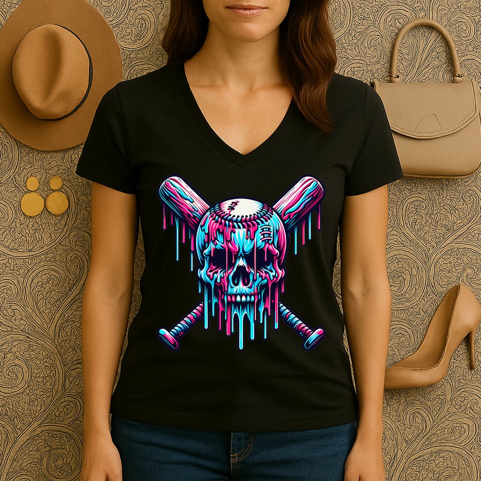 Baseball Skull  Baseball  Baseball Ice Cream  Gift Women's V-Neck T-Shirt