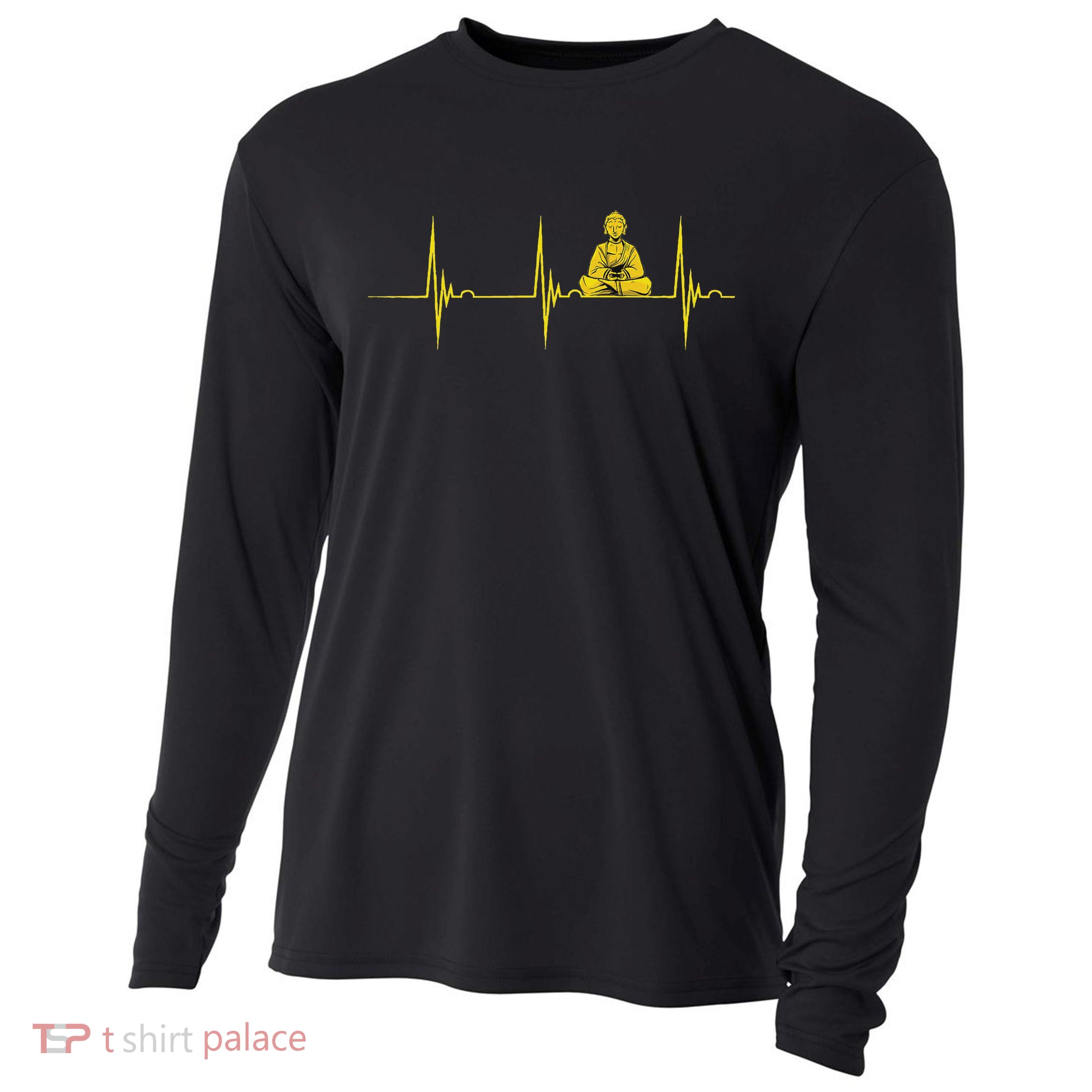 Buddha Statue Buddhist Heartbeat Ecg Pulse Meditation Hindu Cooling Performance Long Sleeve Crew