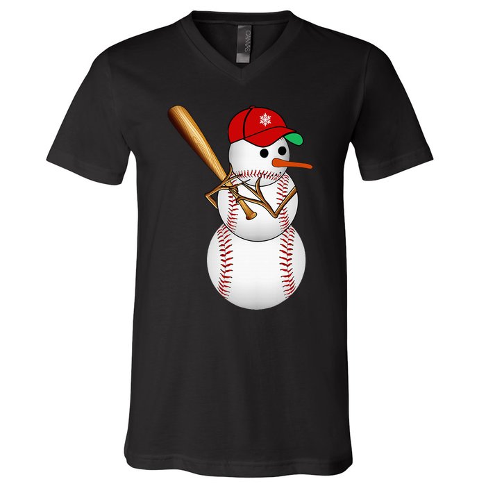 Baseball Snowman Balls Snow Christmas Xmas Gifts V-Neck T-Shirt