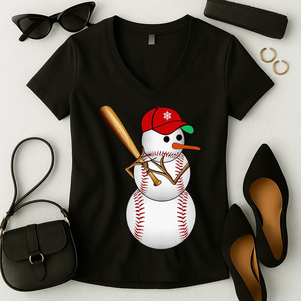 Baseball Snowman Balls Snow Christmas Xmas Gifts Women's V-Neck T-Shirt
