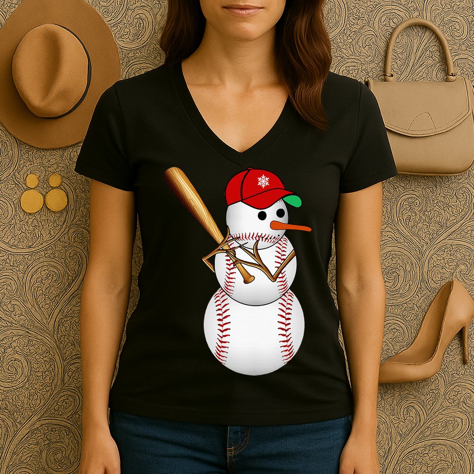 Baseball Snowman Balls Snow Christmas Xmas Gifts Women's V-Neck T-Shirt
