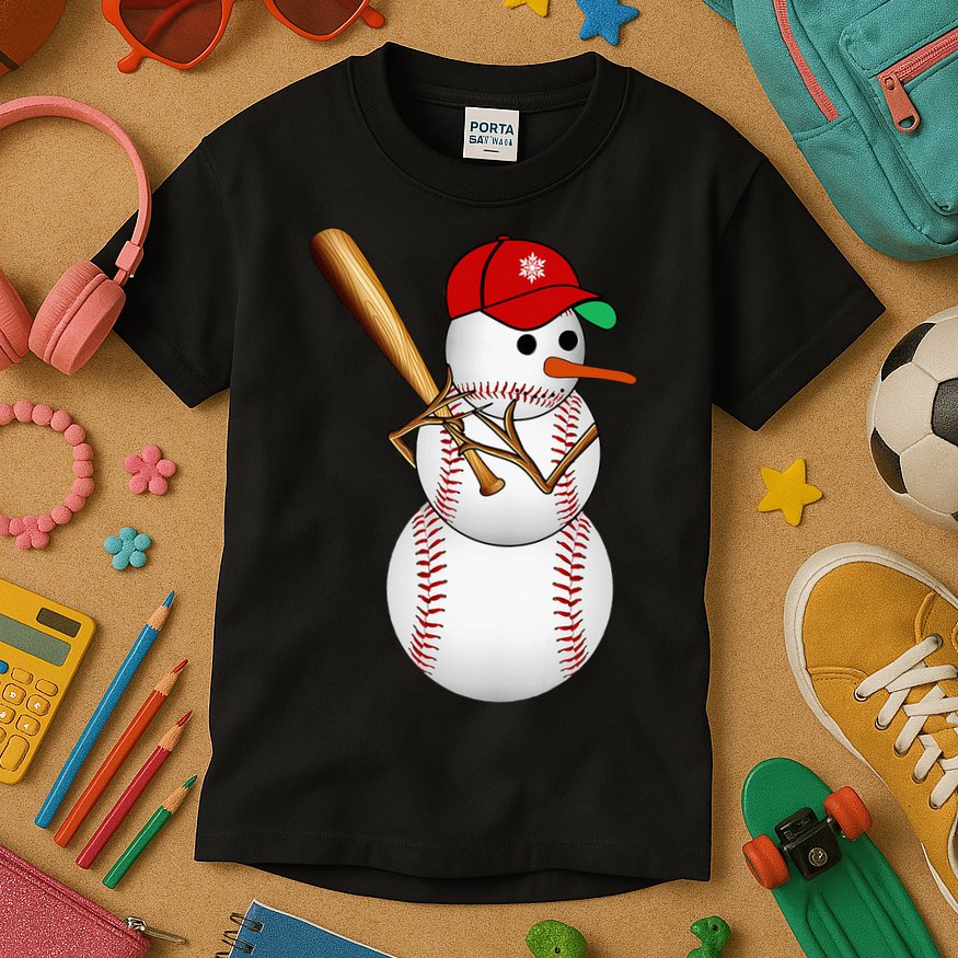 Baseball Snowman Balls Snow Christmas Xmas Gifts Kids T-Shirt